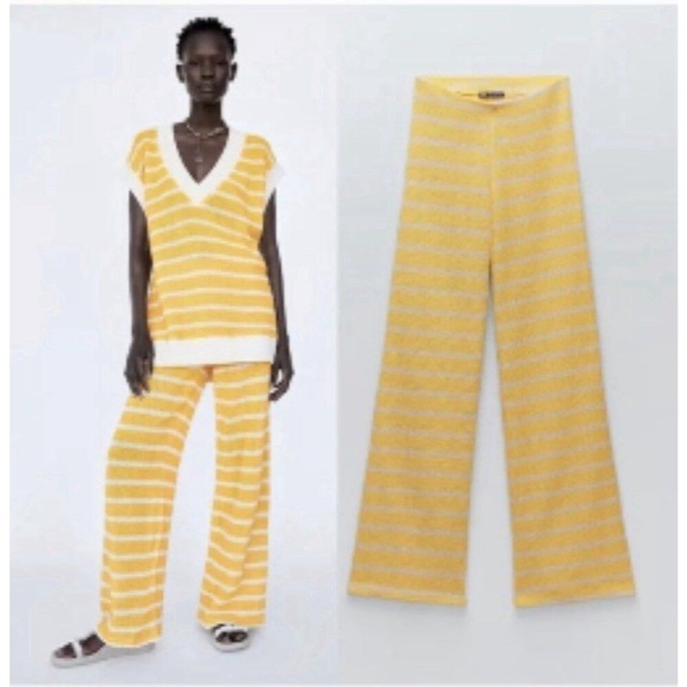 Zara Crochet Knit Striped Wide Leg Pants Size Small